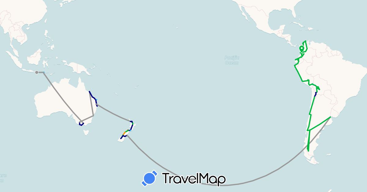 TravelMap itinerary: driving, bus, plane, hiking, boat, hitchhiking in Argentina, Australia, Bolivia, Chile, Colombia, Ecuador, Indonesia, New Zealand, Peru (Asia, Oceania, South America)